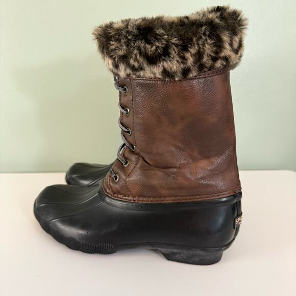 Sperry Tall Boots Girls 4 Fur Snow Waterproof Leather Lace Up Zip Pull On Brown - Picture 4 of 9